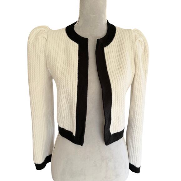 ALICE + OLIVIA Wool Blend Puff Sleeve Cropped Open Cardigan Jacket L - Picture 2 of 10